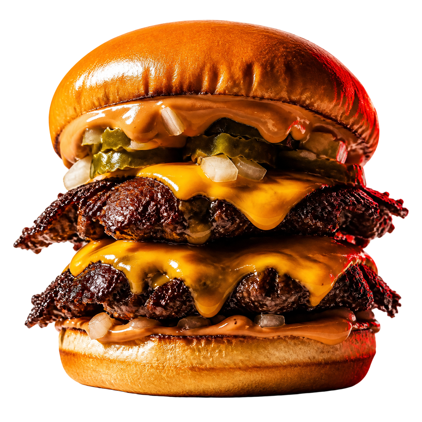 Burger Broz double smash burger being dunked into sauce